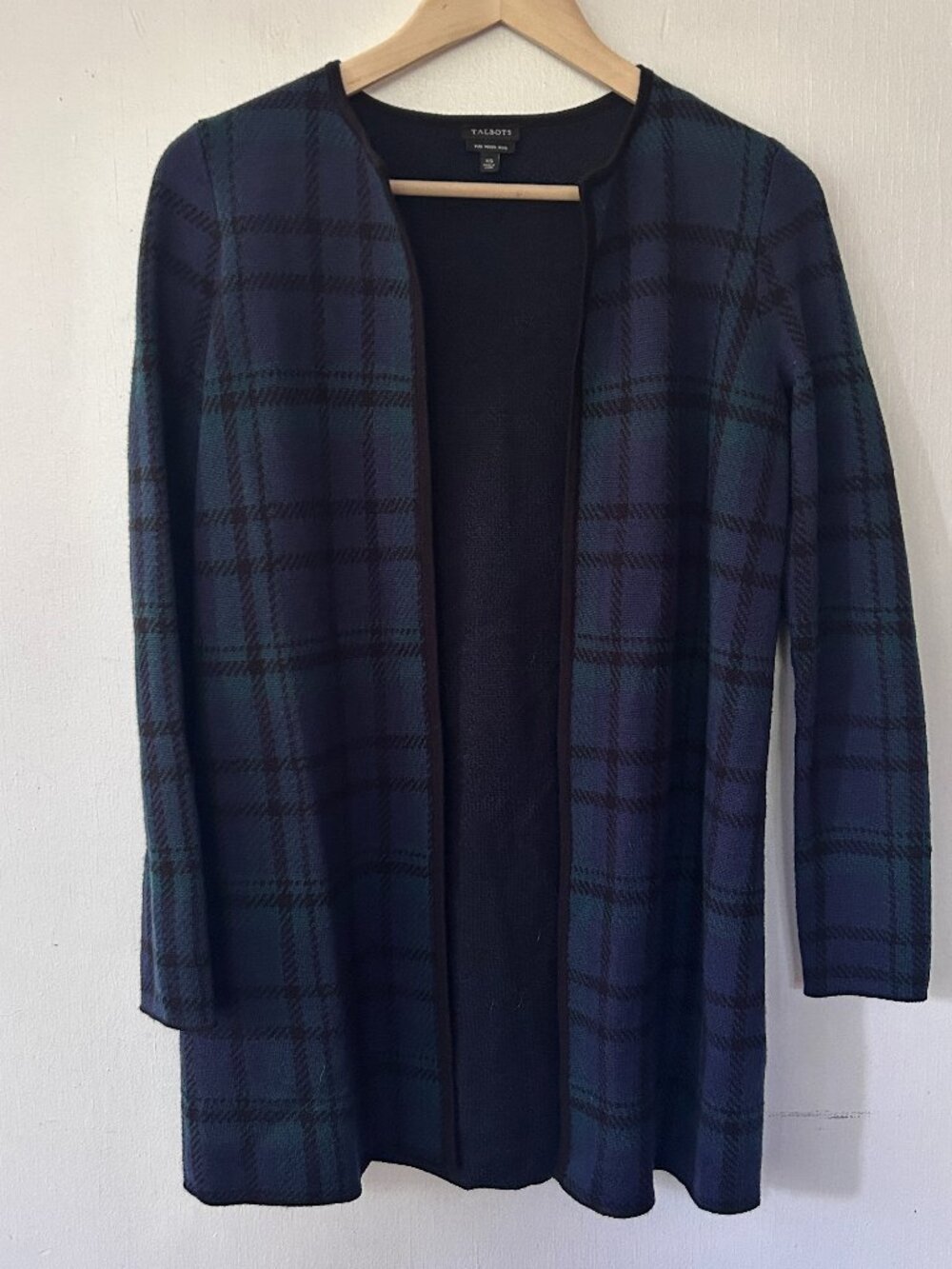 Talbots Long Line Blue Plaid Wool Cardigan Womens XS Old Money Classic Preppy